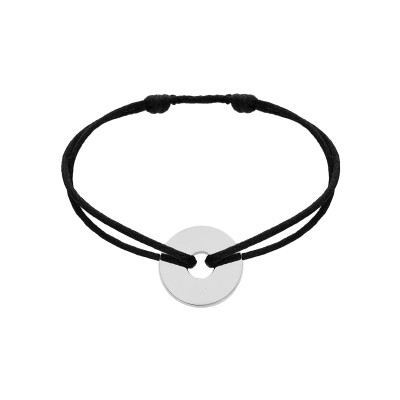 Bracelet cordon noir coulissant motif rond perce à graver argent rhodié