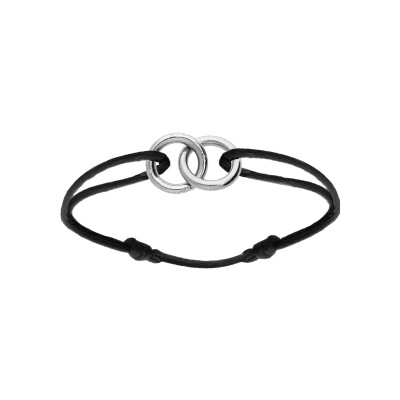 Bracelet argent rhodié motif 2 anneaux entrelacé 10 x 10mm cordon coulissant noir