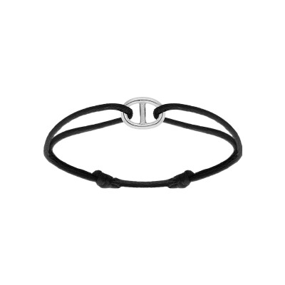 Bracelet argent rhodié maille marine 12 x 8mm cordon coulissant noir