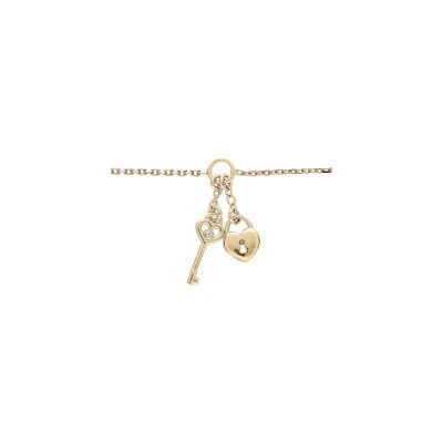 Bracelet argent et dorure jaune pampille coeur serrure et clé 16+3cm