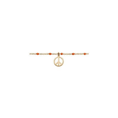 Bracelet argent et dorure jaune boules résine rouges motif peace and love 15+3cm