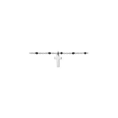Bracelet argent rhodié boules résine noires avec croix 15+3cm