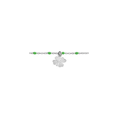 Bracelet argent rhodié boules résine vertes avec trèfle 15+3cm