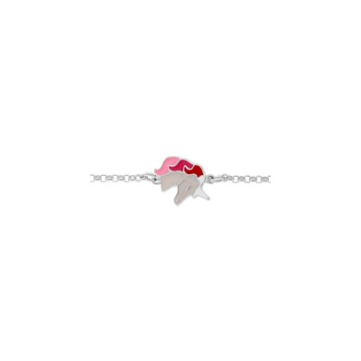Bracelet argent rhodié licorne résine blanche et rose 13+3cm
