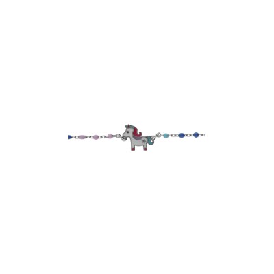 Bracelet argent rhodié boules résines multicouleur avec licorne 13+3cm