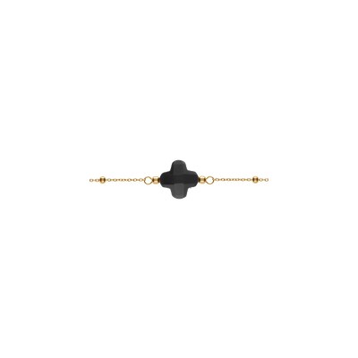 Bracelet argent doré chaine boules trèfle en verre facetté noir 16+3cm