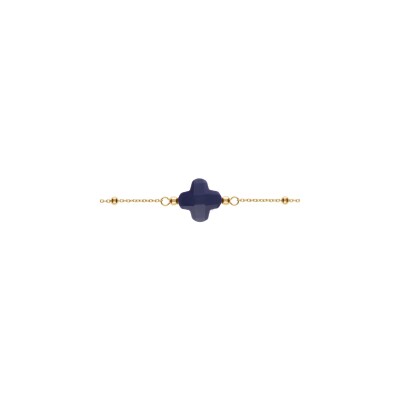 Bracelet argent doré chaine boules trèfle en verre facetté bleu marine 16+3cm