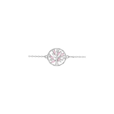 Bracelet argent rhodié arbre de vie oxydes fuschia 16+3cm
