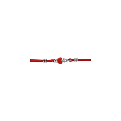 Bracelet argent rhodié cordon double rouge motif pomme 14+2cm
