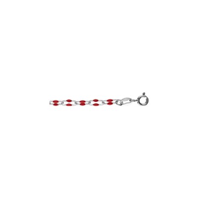 Bracelet argent rhodié maille rectangle olives résine rouge 15+3cm