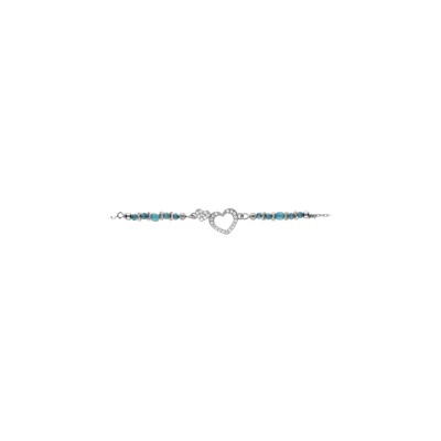 Bracelet argent rhodié coeur contour oxydes blancs sertis avec verre bleu 16+3cm