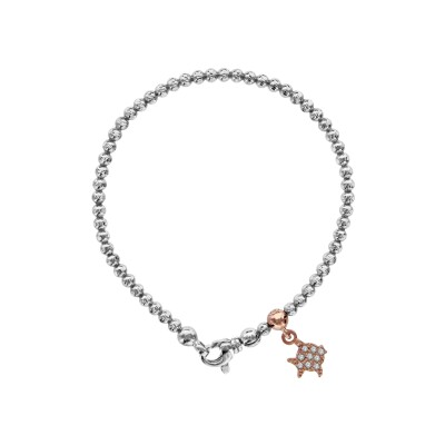 Bracelet argent rhodié élastique boules pampille poisson dorure rose et pierres blanches synthétique 17,50