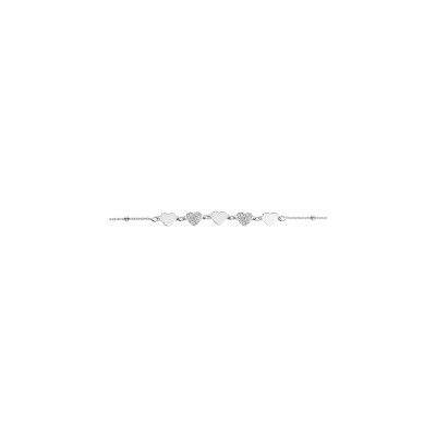 Bracelet argent rhodié coeurs lisses et granité 16+3cm