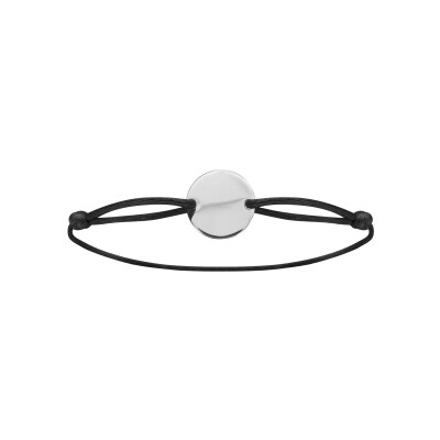 Bracelet argent rhodié cordon coulissant noir plaque ronde à graver