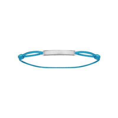 Bracelet argent rhodié cordon bleu ciel réglable avec plaque rectangulaire