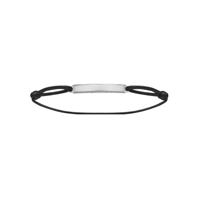 Bracelet argent rhodié cordon noir réglable avec plaque rectangulaire