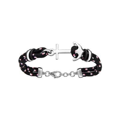 Bracelet argent rhodié 2 rangs corde noire ancre marine 18+4cm
