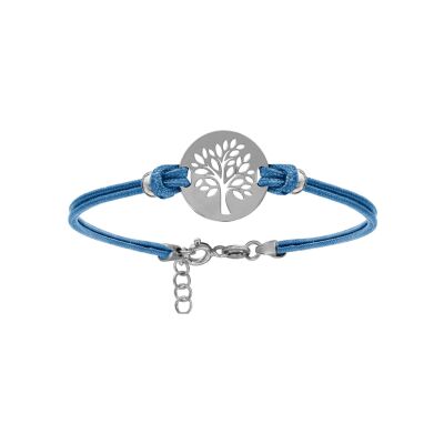 Bracelet argent rhodié cordon double bleu ciel interchangeable rondelle gravure arbre de vie 16+3cm
