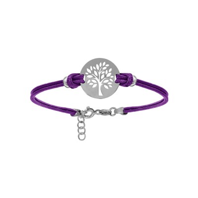Bracelet argent rhodié cordon double violet interchangeable rondelle gravure arbre de vie 16+3cm