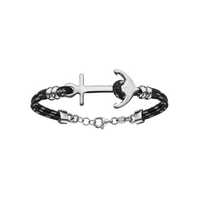 Bracelet argent rhodié 2 rangs corde noire et grise ancre marine 16+4cm