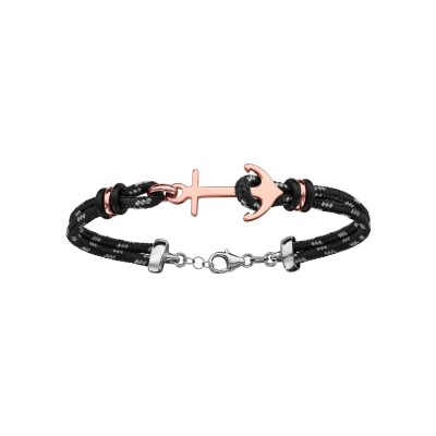 Bracelet argent rhodié 2 rangs corde noir et grise ancre marine dorure rose 18+4cm