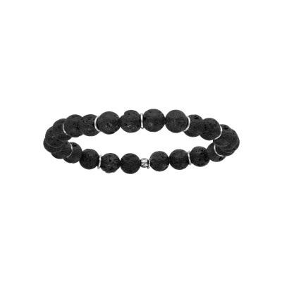 Bracelet argent rhodié extensible pierre de lave noire avec rondelles
