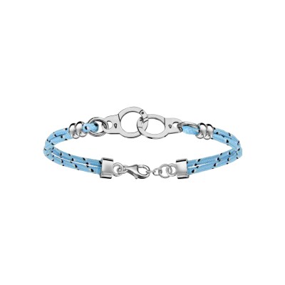 Bracelet argent rhodié 2 rangs corde bleu ciel menotte 16+4cm