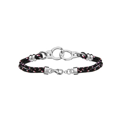 Bracelet argent rhodié 2 rangs corde noire et rose menotte 16+4cm