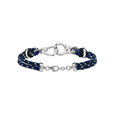 Bracelet argent rhodié 2 rangs corde bleu et jaune menottes 18+4cm