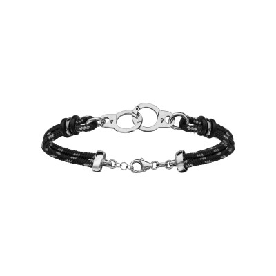 Bracelet argent rhodié 2 rangs corde noire et grise menottes 18+4cm