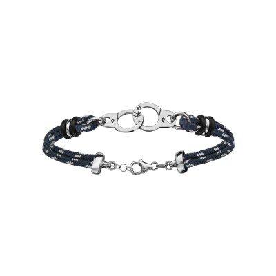 Bracelet argent rhodié 2 rangs corde bleu foncé et blanches menottes 18+4cm