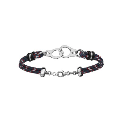 Bracelet argent rhodié 2 rangs corde bleu marine et rouge menottes 18+4cm