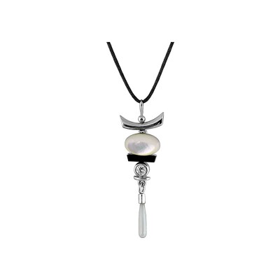Collier cordon soie noire + pendentif moderne nacre pierre noire oz argent rhodié 42cm