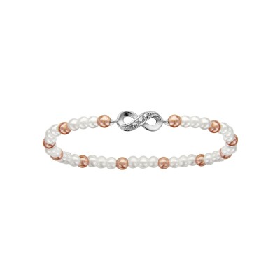 Bracelet enfant elastique perles synthétique blanche et rose motif infini argent rhodié et oxydes blancs sertis
