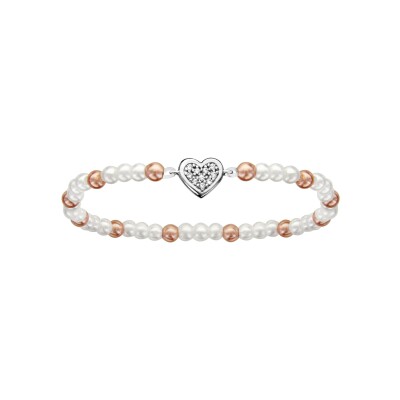Bracelet enfant elastique perles synthétique blanche et rose motif coeurs argent rhodié et oxydes blancs sertis