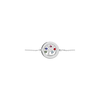 Bracelet argent rhodié arbre de vie 30mm oxydes couleurs sertis contour à graver 16+3cm