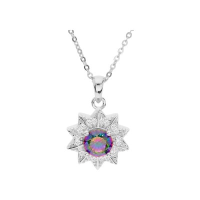 Collier argent rhodié pendentif oxyde arc en ciel mystique contour oxydes blancs sertis 42+3cm