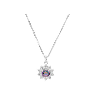Collier argent rhodié pendentif oxyde arc en ciel mystique contour oxydes blancs sertis 42+3cm