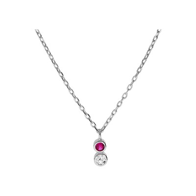 Collier argent rhodié 2 oxydes blanc et fuschia sertis clos 40+2+2cm