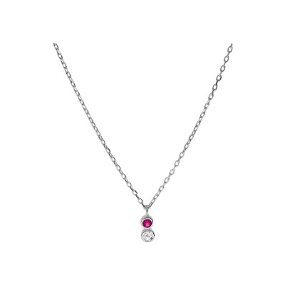 Collier argent rhodié 2 oxydes blanc et fuschia sertis clos 40+2+2cm