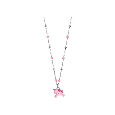 Collier argent rhodié pendentif licorne rose 36+3cm