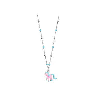 Collier argent rhodié pendentif poney rose et bleu 36+3cm