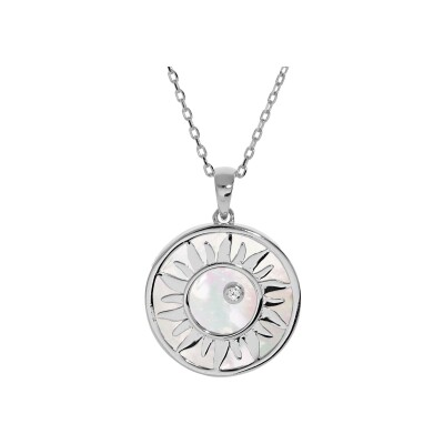 Collier en argent rhodié massif pendentif rond motif soleil avec nacre véritable 1 oxyde blanc 39,5+4,5cm