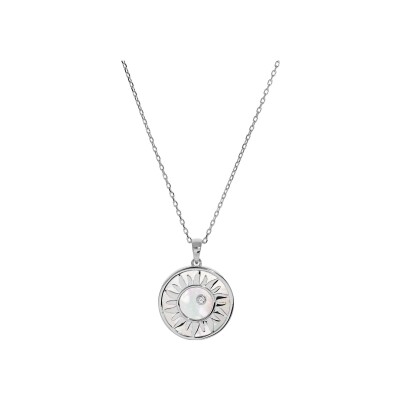 Collier en argent rhodié massif pendentif rond motif soleil avec nacre véritable 1 oxyde blanc 39,5+4,5cm