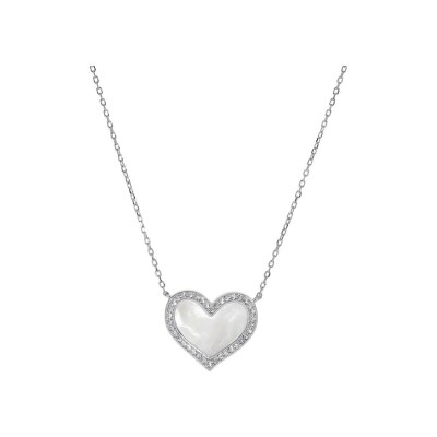 Collier en argent rhodié massif pendentif coeur nacre véritable contour oxydes blancs 39,5+4,5cm