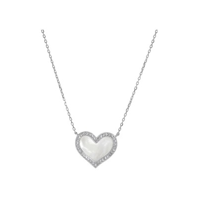 Collier en argent rhodié massif pendentif coeur nacre véritable contour oxydes blancs 39,5+4,5cm