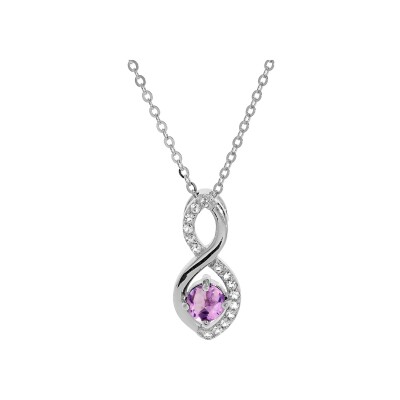 Collier argent rhodié pendentif infini améthyste véritable et oxydes blancs sertis 40+5cm