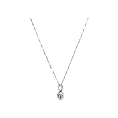 Collier argent rhodié pendentif infini améthyste véritable et oxydes blancs sertis 40+5cm