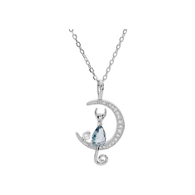Collier argent rhodié demi lune et chat oxyde bleu 40+5cm