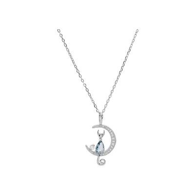 Collier argent rhodié demi lune et chat oxyde bleu 40+5cm